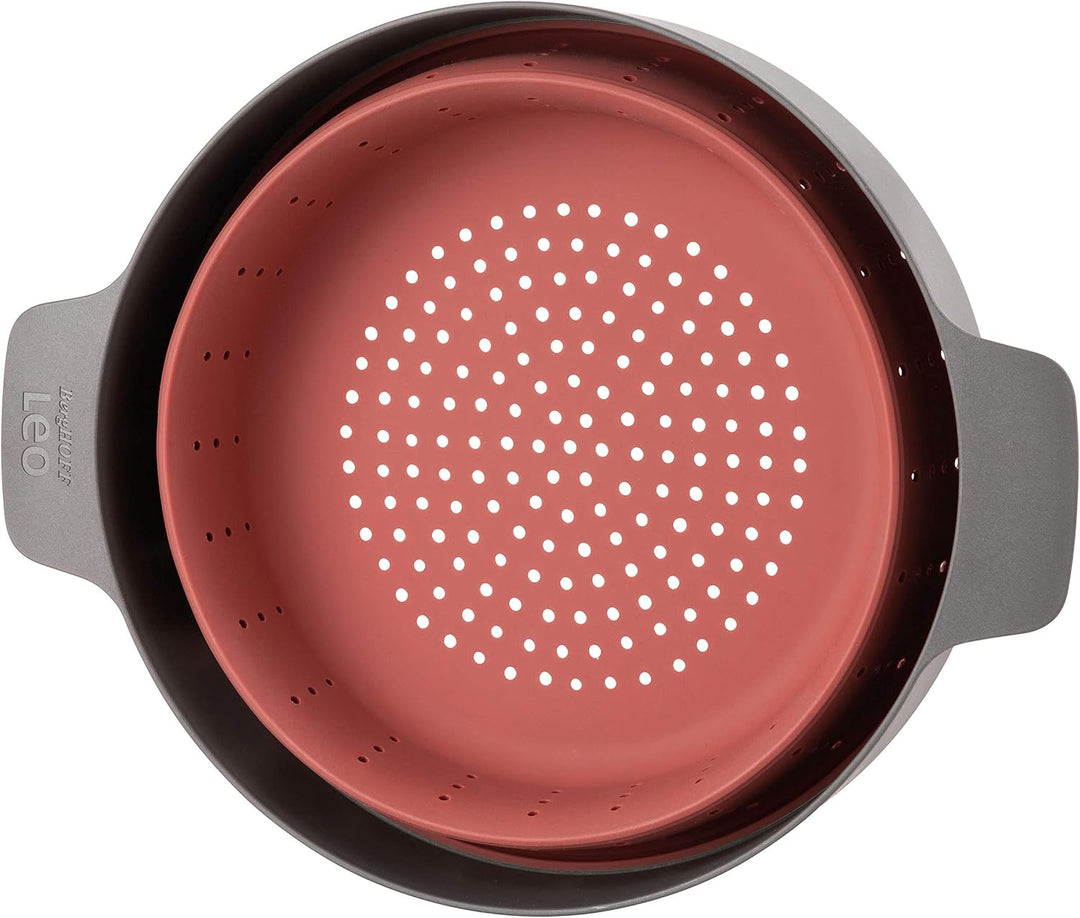 BergHOFF – Leo Silicone Steam & Strain with Collapsible Body – Grey & Red – 24cm