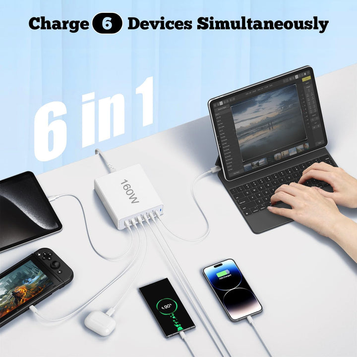 USB C Ladegerät,160W GaN 6 Port Mehrfach Ladestation,Schnellladegerät PD USB C Desktop Ladegerät kom