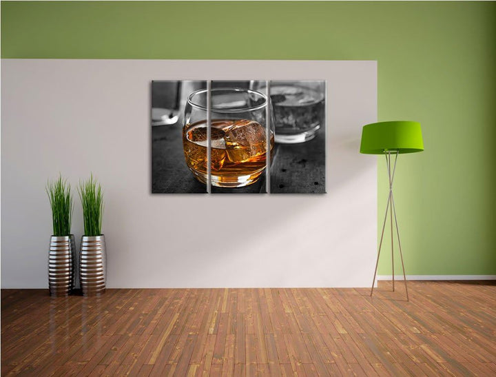 Gekühlter Whiskey im Glas schwarz/weiss 3-Teiler Leinwandbild 120x80 Bild auf Leinwand, XXL riesige