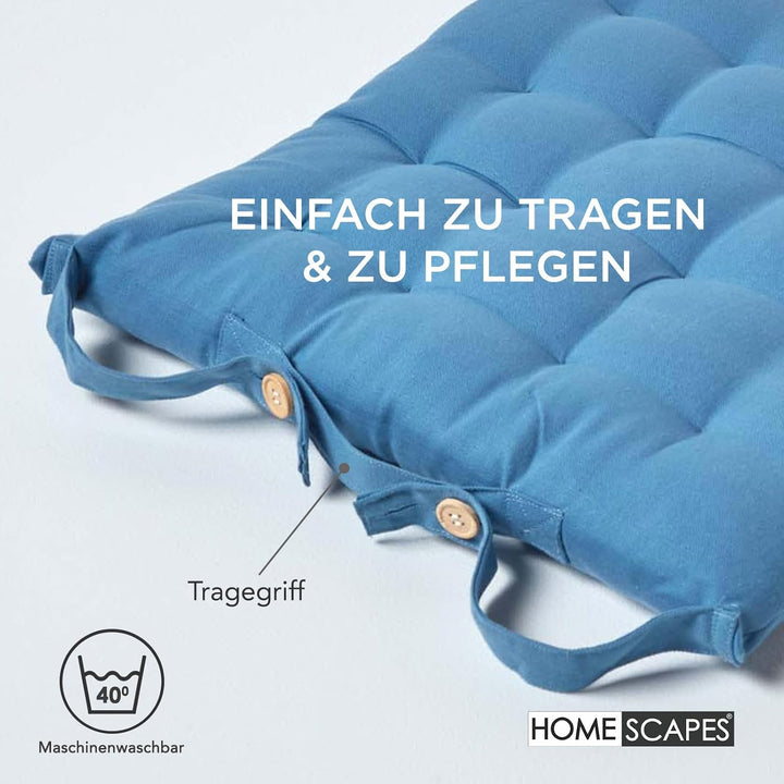 Homescapes 4er Set Stuhlkissen 40 x 40 cm, himmelbau, Sitzkissen mit Bändern und Knopfverschluss, ei