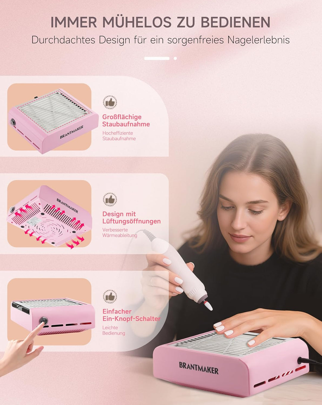 BRANTMAKER Staubabsaugung Nagelstudio Absaugung Nagelstaubsauger, mit Bürste und 2 Wiederverwendbare