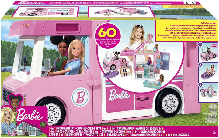 Barbie 3-in-1 DreamCamper Vehicle, approx. 3-ft, Transforming Camper with Pool, Truck, Boat and 60