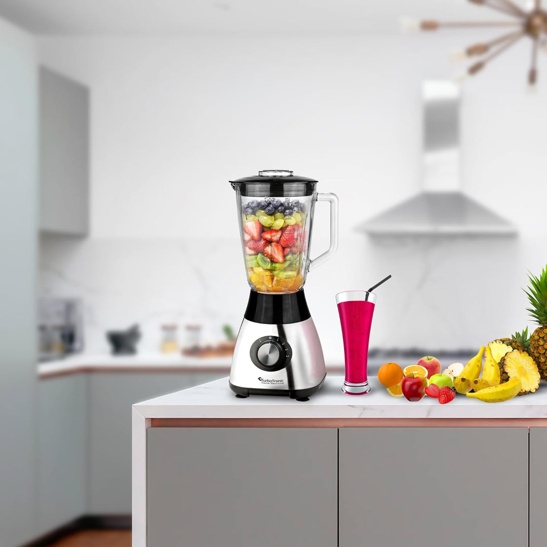 TurboTronic Standmixer mit 1,5L Glasbehälter 1200W Edelstahl silber, Smoothie Maker, Ice Crush Funkt