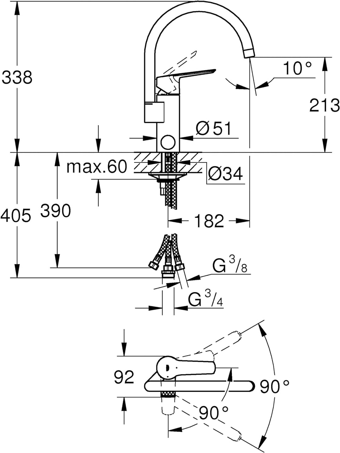 GROHE Start - Einhand-Spültischarmatur (wassersparend, Einlochmontage, Schnellbefestigungssystem), c