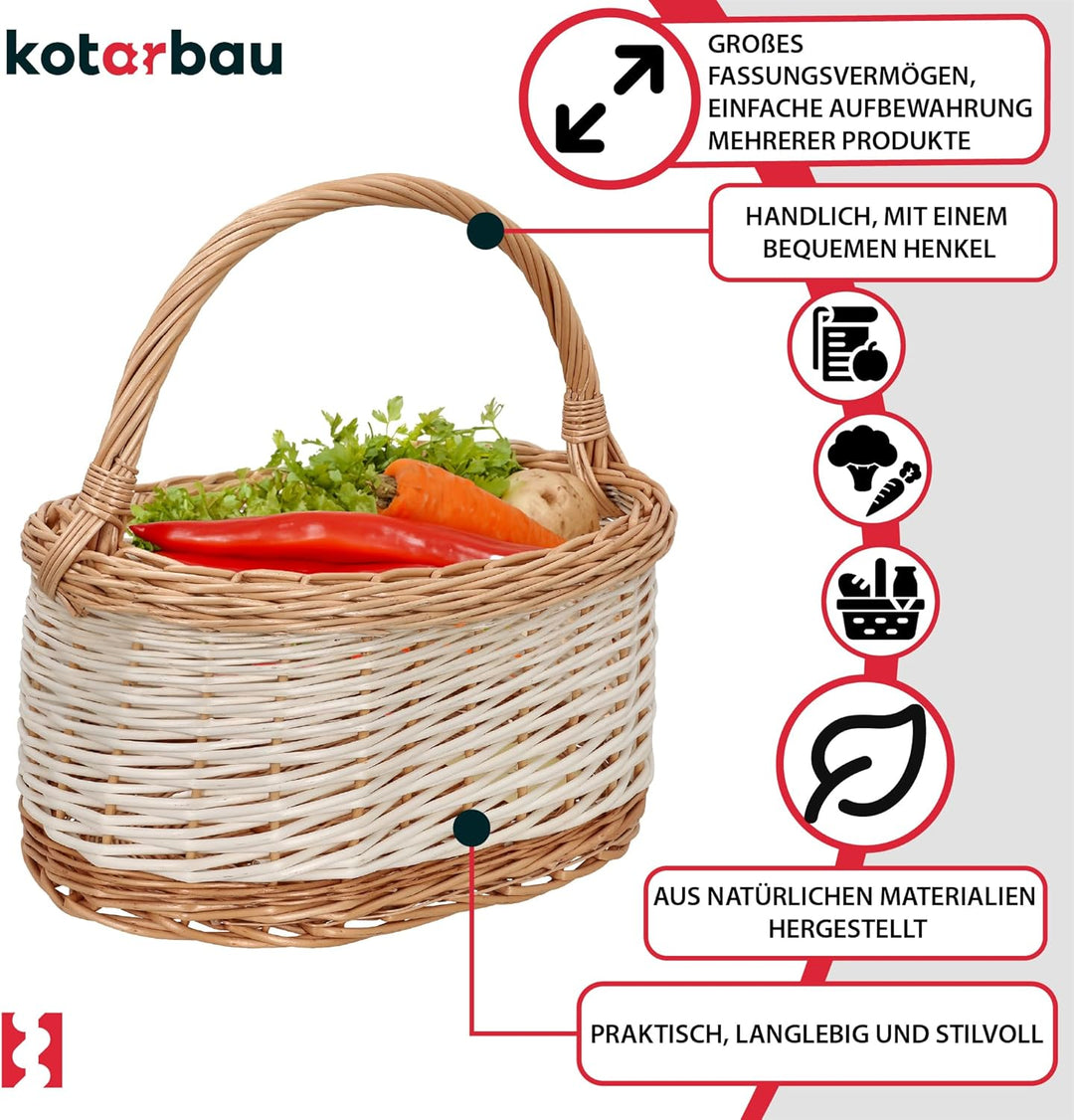 KOTARBAU® Weidenkorb Einkaufskorb geflochten 410 x 260 mm Korb aus Weide Weiss gross Einkaufskorb ge