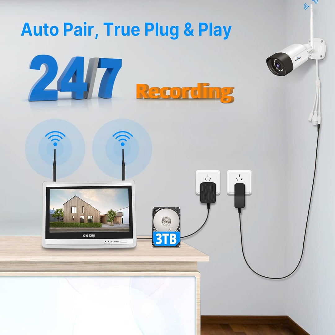 【5MP+3TB Festplatte】 Hiseeu Überwachungskamera Set Aussen WLAN mit 12''Monitor 10CH Wireless NVR,4 P