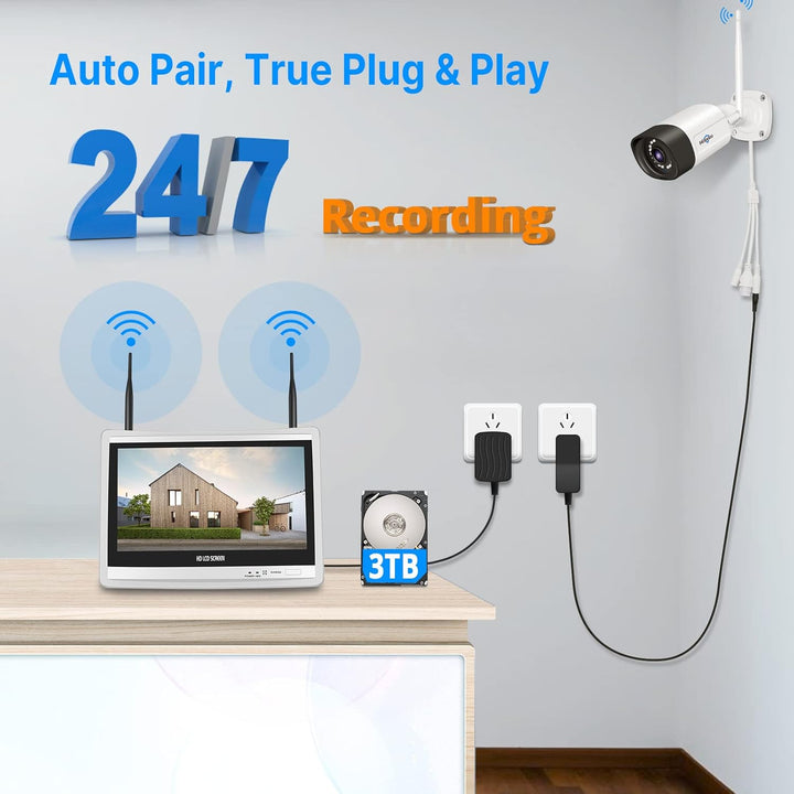 【5MP+3TB Festplatte】 Hiseeu Überwachungskamera Set Aussen WLAN mit 12''Monitor 10CH Wireless NVR,4 P