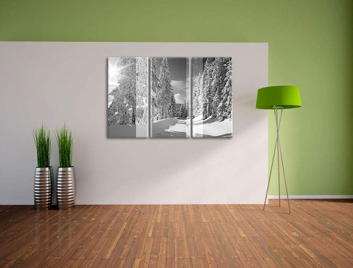 ruhige Winterlandschaft mit verschneiten Bäumen schwarz/weiss 3-Teiler Leinwandbild 120x80 Bild auf