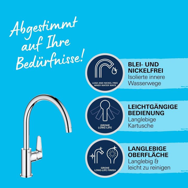 GROHE Start Curve 2020 - Einhand-Spültischbatterie (Auslauf mit Luftsprudler, Drehwinkel 360°, schne