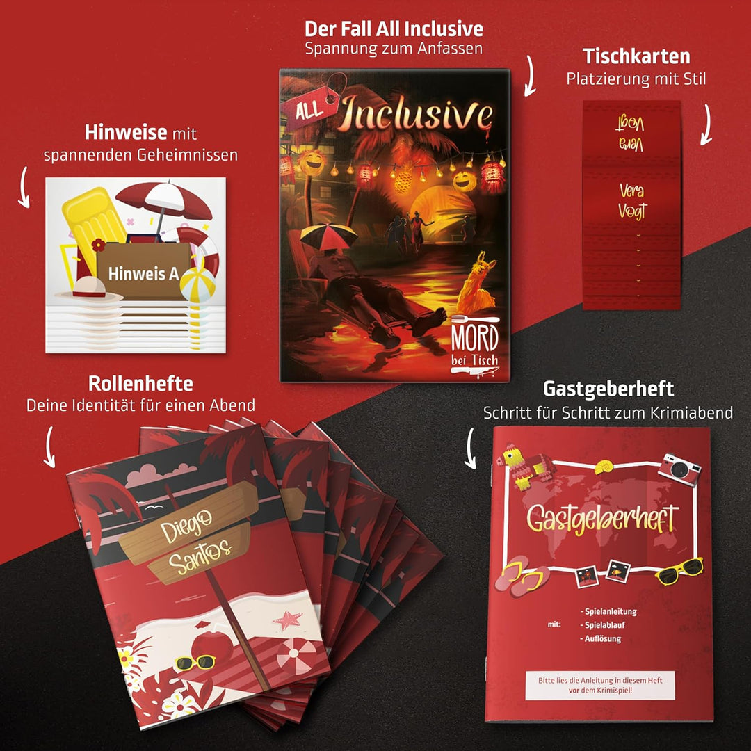 MORD bei Tisch Krimidinner für Zuhause - 4 bis 6 Personen - Der All Inclusive Fall - Das Krimi Spiel
