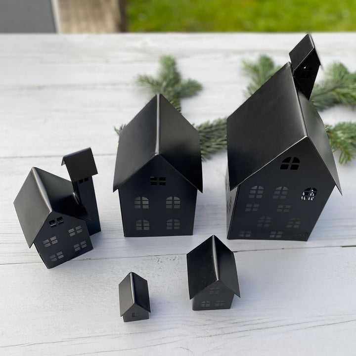 UNUS Deko Häuser 5er Set, Lichthäuser aus Metall, in Schwarz, Herbstdeko Outdoor, Weihnachtsdorf für