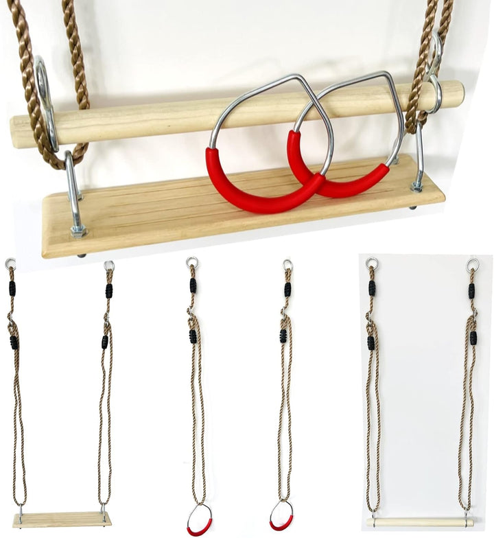 3in1 Schaukelset, Turnringe + Holztrapez + Schaukelbrett incl. Seilset zum Einhängen (Turngeräte Set