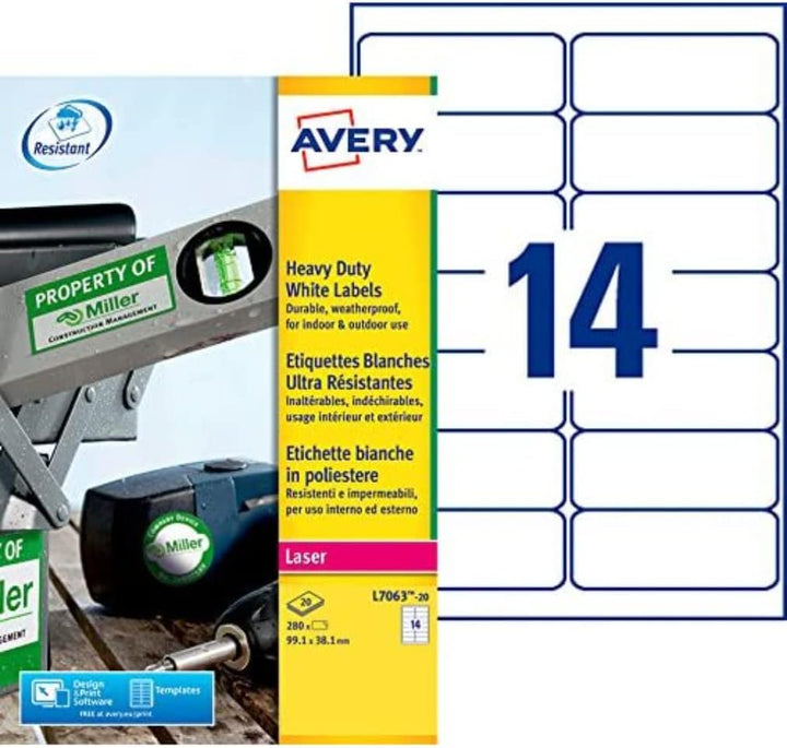 Avery L7060-20 – Packung mit Etiketten aus Polyester, Weiss, 99,1 x 38,1 mm 280, 280