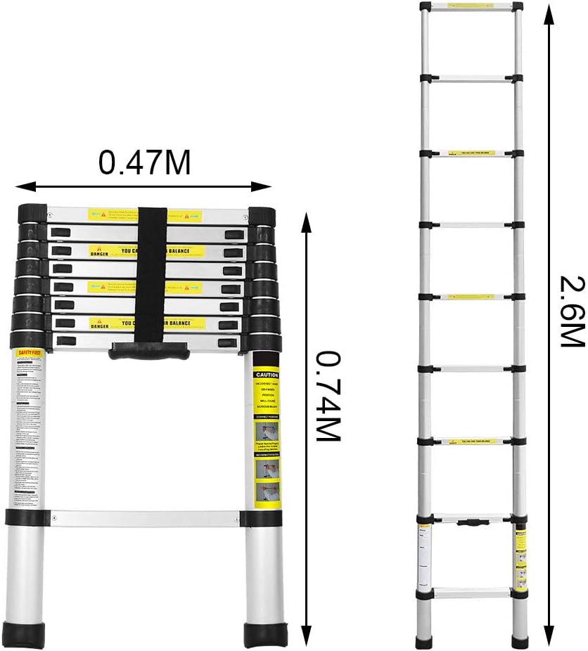 Daromigo Aluminium Teleskopleiter, 2.6 m Teleskop Klappleiter, Mehrzweckleiter Rutschfester Ausziehl