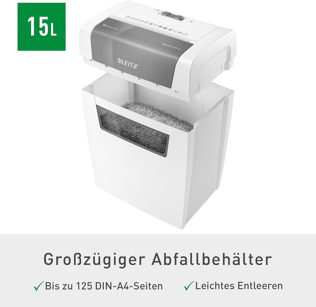 Leitz IQ Home Partikelschnitt Aktenvernichter P4, 7-6 Blatt (70-80 g/m²), 15 Liter Abfallbehälter, L