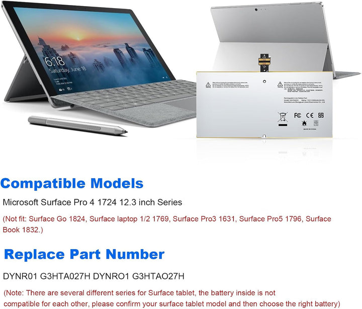 ASUNCELL 38.2Wh G3HTA027H DYNR01 Laptop Akku für Surface Pro 4 Pro 4 1724 Serie 7.5V