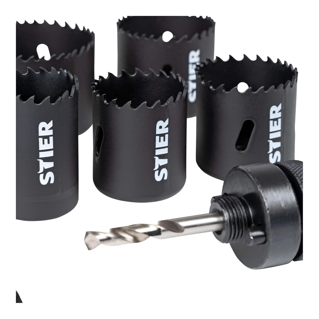 STIER Lochsägen-Set HSS-Co8 Bimetall, 17-teilig (20, 22, 25, 32, 35, 40, 44, 51, 60, 68, 76 mm), Loc