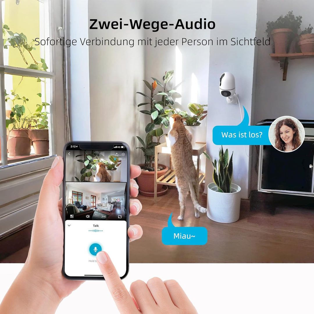 virtavo Überwachungskamera Innen 1080p Kamera Überwachung Innen 360° PTZ WLAN Kamera FHD 2-Wege-Audi