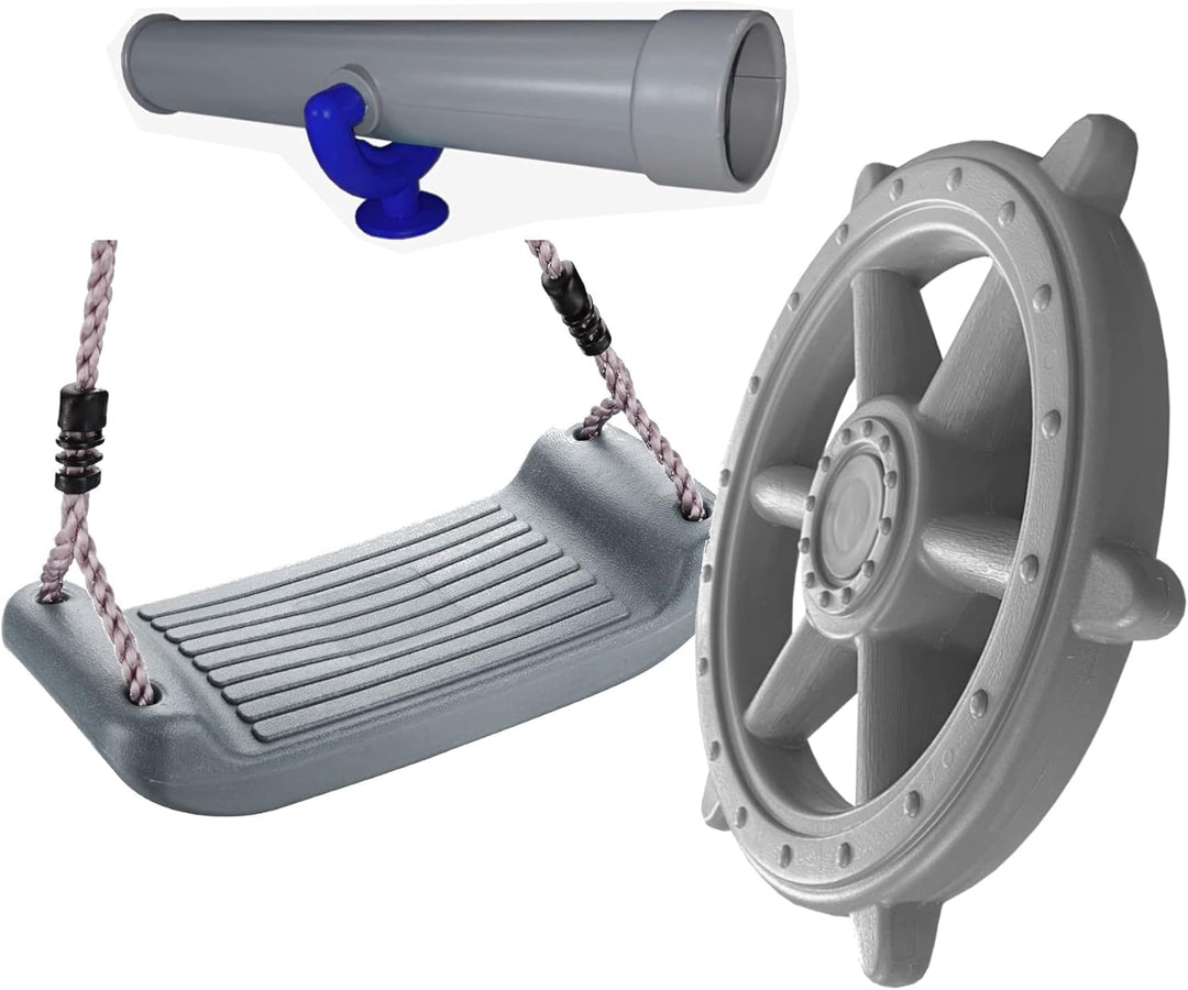 Zubehör Set für Spielturm Piraten-Lenkrad +Fernrohr + Schaukelsitz grau Baumhaus Sparset Spielplatz