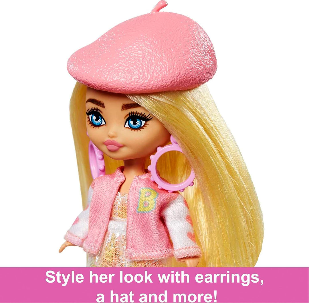 Barbie Extra Mini Minis, Extra Mini Minis Barbiepuppe mit blonden Haaren, rosa & weissem Outfit,Bask