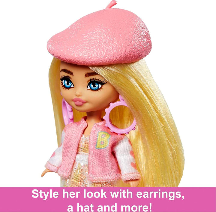 Barbie Extra Mini Minis, Extra Mini Minis Barbiepuppe mit blonden Haaren, rosa & weissem Outfit,Bask
