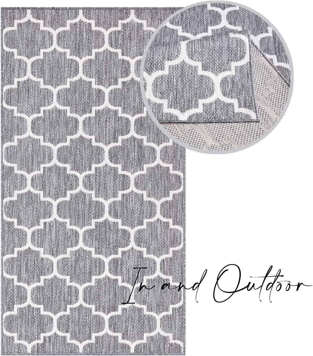 payé Outdoor Teppich Wetterfest - 80x250cm Läufer - Grau Weiss - Netz Raute - Teppiche für Terrasse
