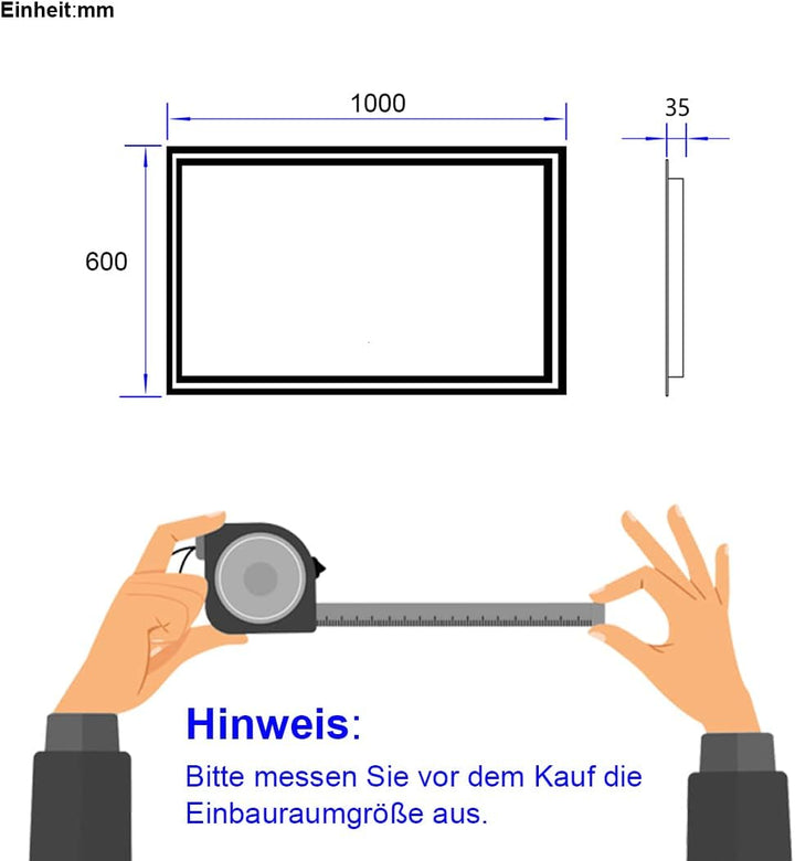 EMKE Badspiegel mit Beleuchtung 100x60cm, Badezimmerspiegel mit Kippschalter+Beschlagfrei+2 Lichtfar