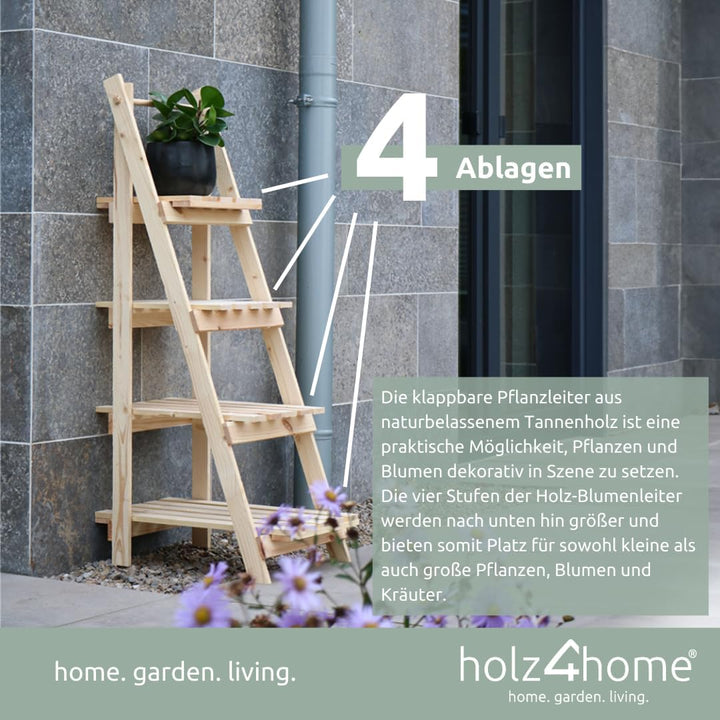 holz4home® Pflanzleiter mit 4 Ablagen I Grösse: 52,5 x 109 x 35 cm I Blumentreppe aus Tannenholz hel