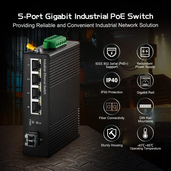 Binardat 5 Port Gigabit PoE Din Rail Industrial Ethernet Switch, 4 PoE IEEE802.3af/at, 1 SFP Port mi