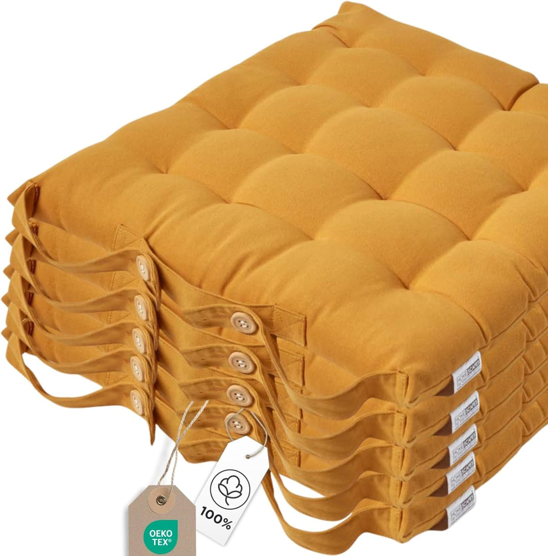 Homescapes 6er Set Stuhlkissen 40 x 40 cm, senfgelb, Sitzkissen mit Bändern und Knopfverschluss, ein