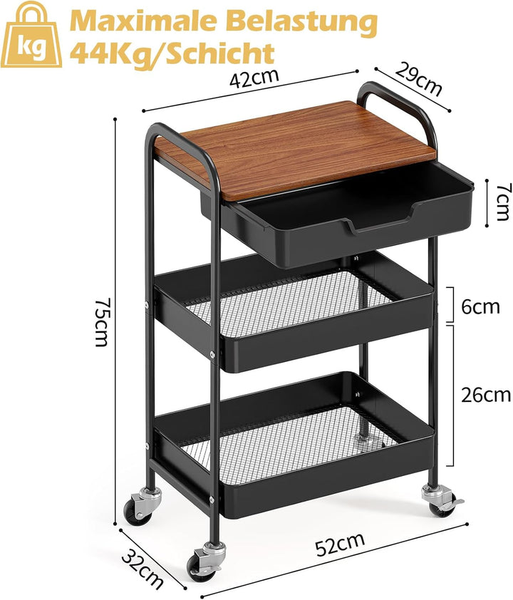 KINGRACK Aufbewahrungswagen 3-Tier mit Tischplatte, Multifunktionswagen aus Metall für Küche, Haus,