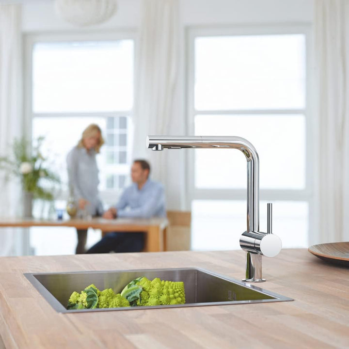 GROHE Minta - Einhand- Küchenarmatur (L-Auslauf, herausziehbare Dual-Spülbrause, 360° schwenkbar, kr
