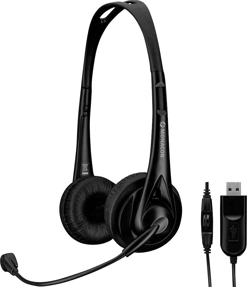 MONACOR BH-010USB Professioneller Stereo-Kopfhörer mit Elektret-Bügelmikrofon, schwarz