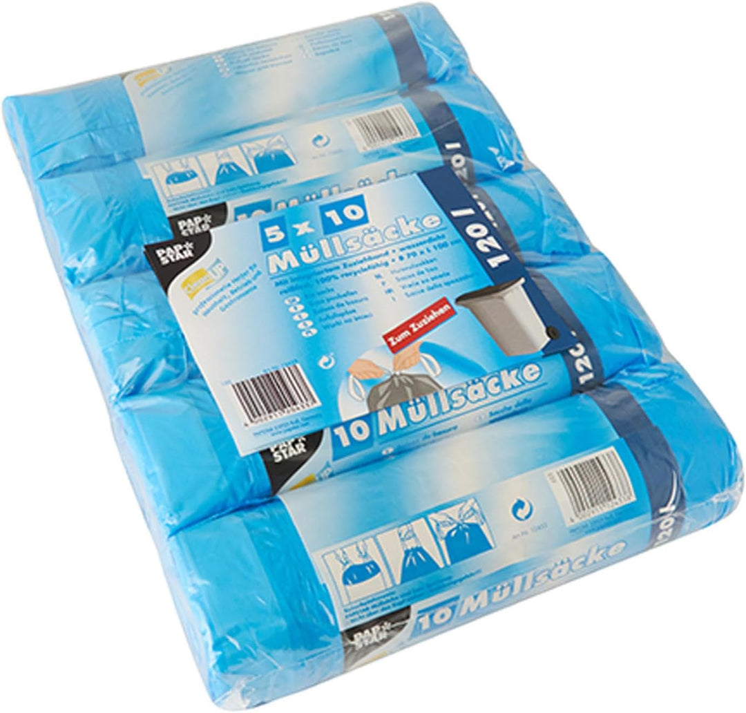 Papstar 1 Karton = 4x50 Müllsäcke zum Zuziehen, HDPE 120 l 100 cm x 70 cm blau 12433