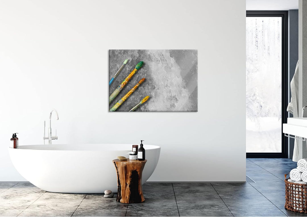 Glasbild | Wandbild aus Echtglas | Gelber Pinsel & Bild | 100x70 cm | inkl. Aufhängung und Abstandsh