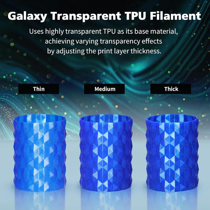 YOUSU TPU-Filament 1,75 mm, transparentes Galaxy-TPU (Gelb, Grün, Blau, Lila) A2-Galaxie Glitzer TPU