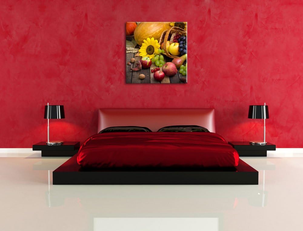 Herbstlicher Obstkorb, Format: 70x70 auf Leinwand, XXL riesige Bilder fertig gerahmt mit Keilrahmen,