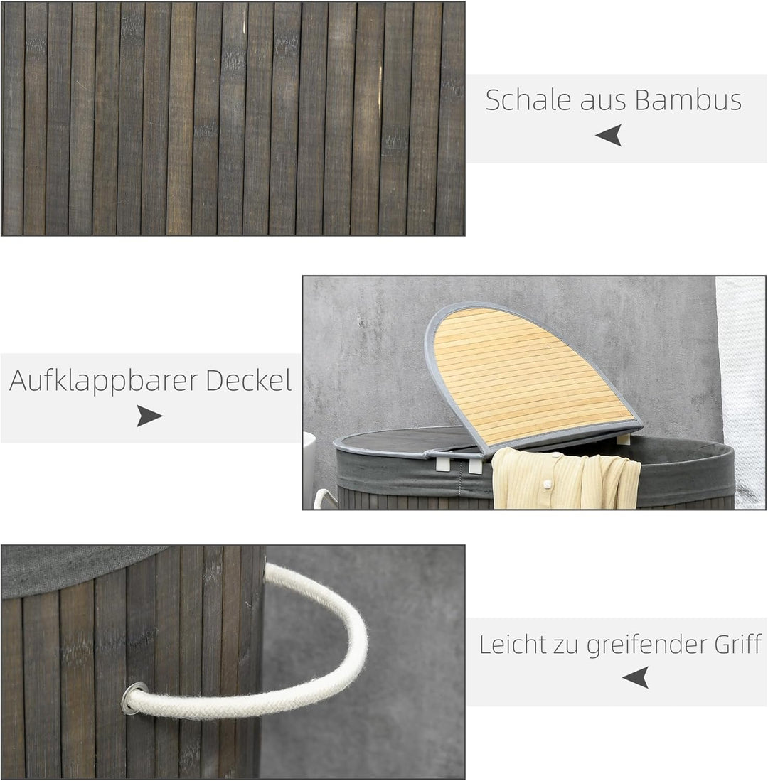 HOMCOM Bambus Wäschekorb mit Deckel 100L Wäschesammler mit Griffen, 2 herausnehmbarer Wäschesack, Wä