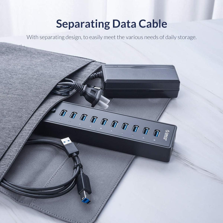 ORICO USB 3.0 Hub 10 Ports mit Netzschaltern und Netzteil 45W (12V4A), 5 Gbps Highspeed Datenhub für
