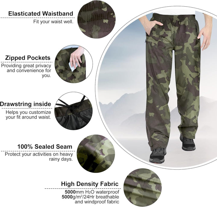 33,000ft wasserdichte Regenhose für Herren Leichte Regenhose Winddichte Outdoorhose zum Wandern Camp