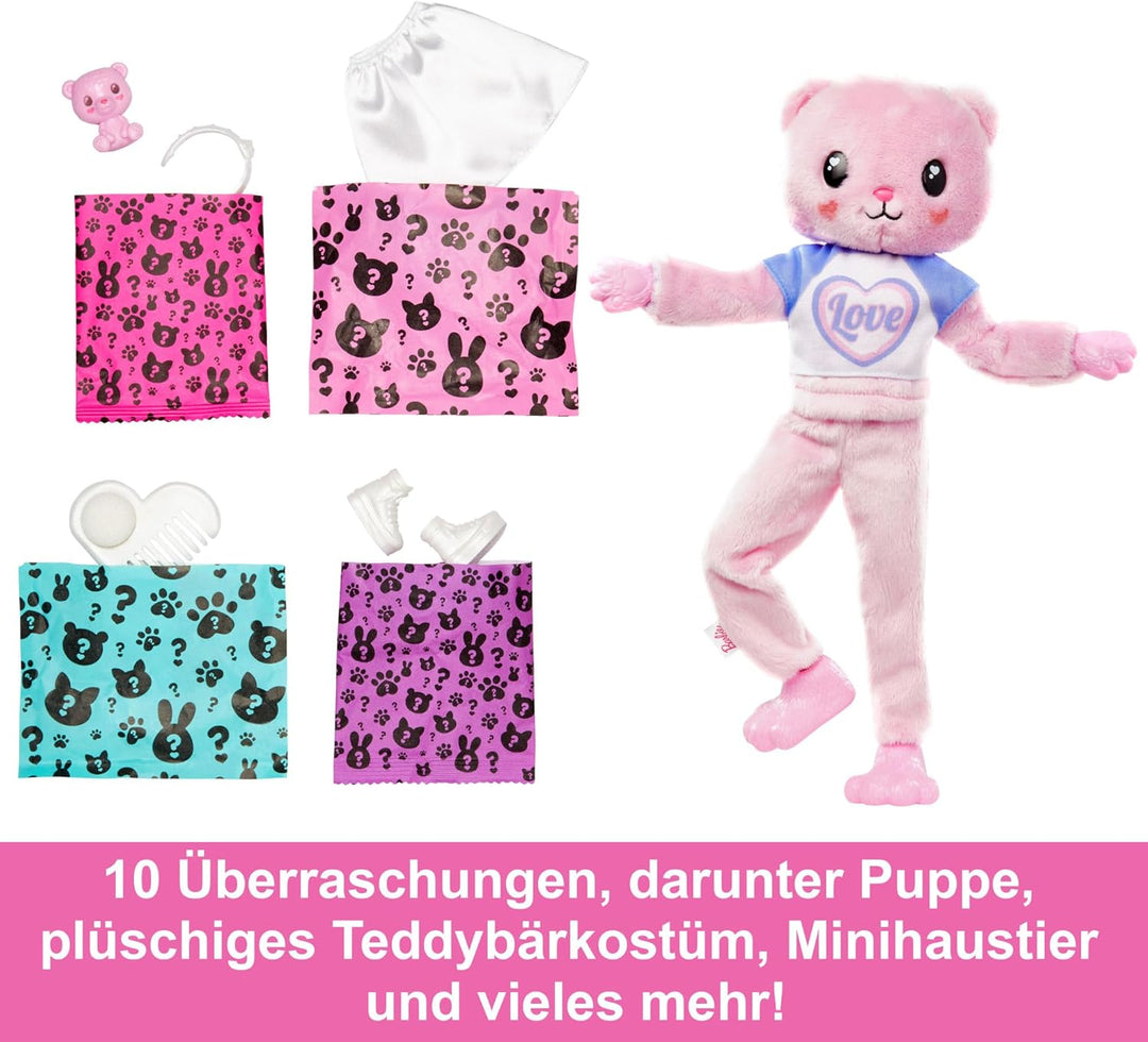 Barbie Cutie Reveal Puppe - Kuschelweiche Plüschverpackung mit 10 Überraschungen, bewegliche Puppe m