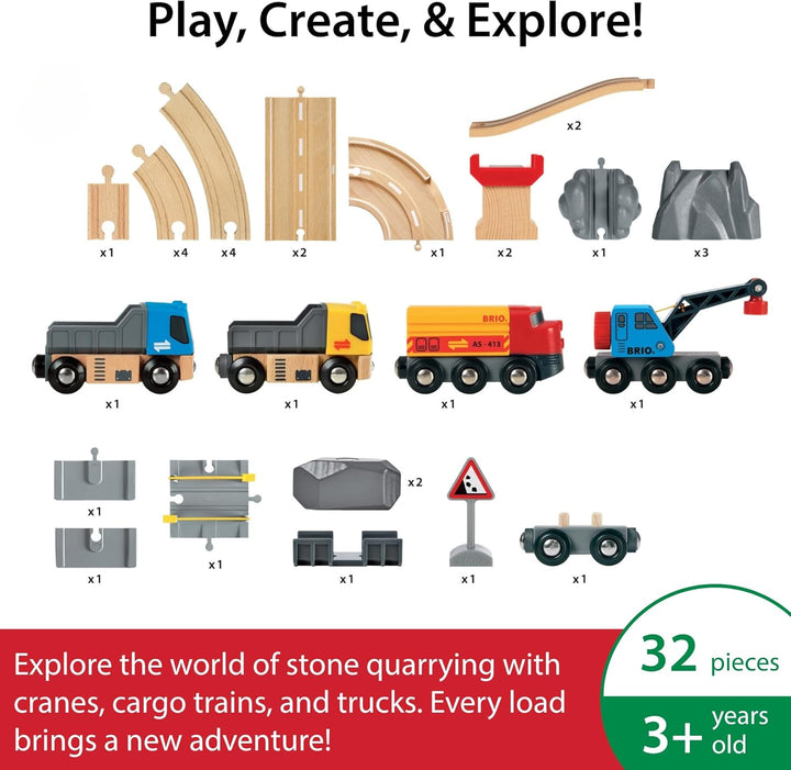 BRIO World 33210 Strassen & Schienen Steinverlade Set - Inklusive Frachtlok mit Kranwagen, Zwei LKWs