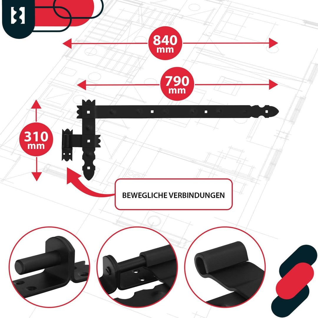 KOTARBAU® Winkelband 800 x 50 mm Set 4x Kloben + 4x Winkelscharnier für Tore Pforten Dekorativ, 800