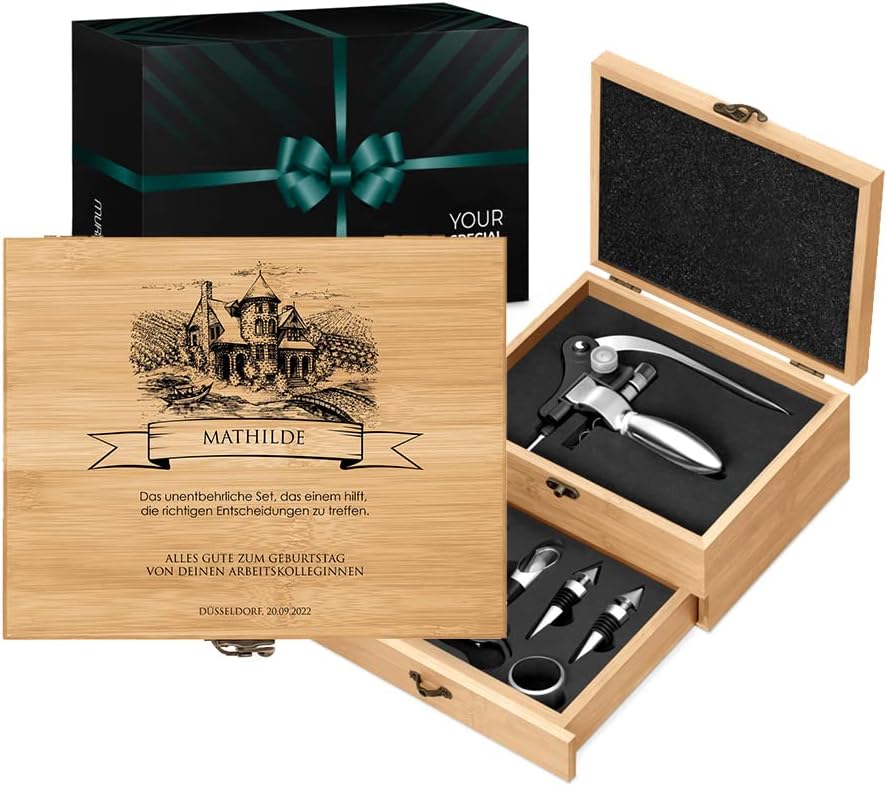 Maverton Weinöffner-Set personalisiert Weinset Sommelier Set - Geschenkbox Holzbox + 8er Weinzubehör