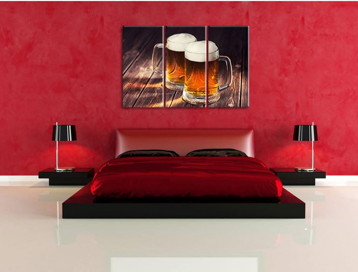 Pixxprint Zwei Masskrüge Bier 3-Teiler Leinwandbild 120x80 Bild auf Leinwand