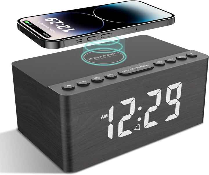 ANJANK Radio wecker Digital mit kabelloses Laden,10W Fast Wireless Charger for iPhone/Android Phone,