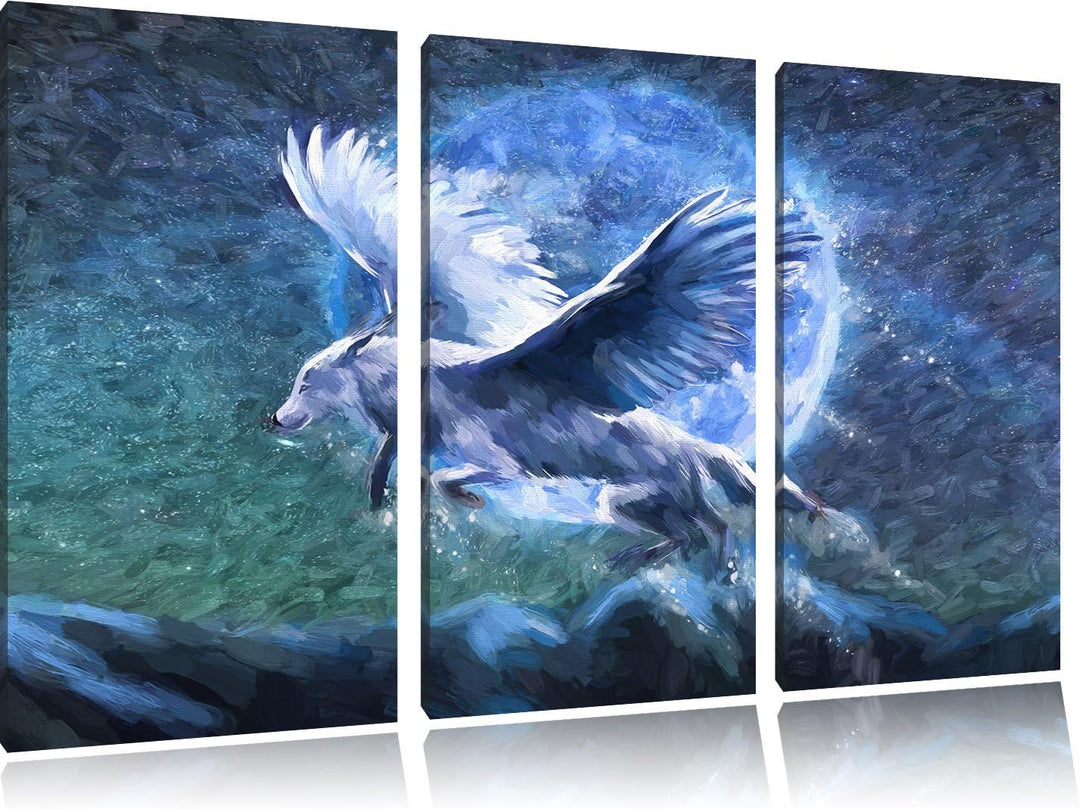 Pixxprint Wolf mit Flügeln Kunst / 3-Teilig/Gesamtmass 120cm Leinwandbild bespannt auf Holzrahmen/Wa