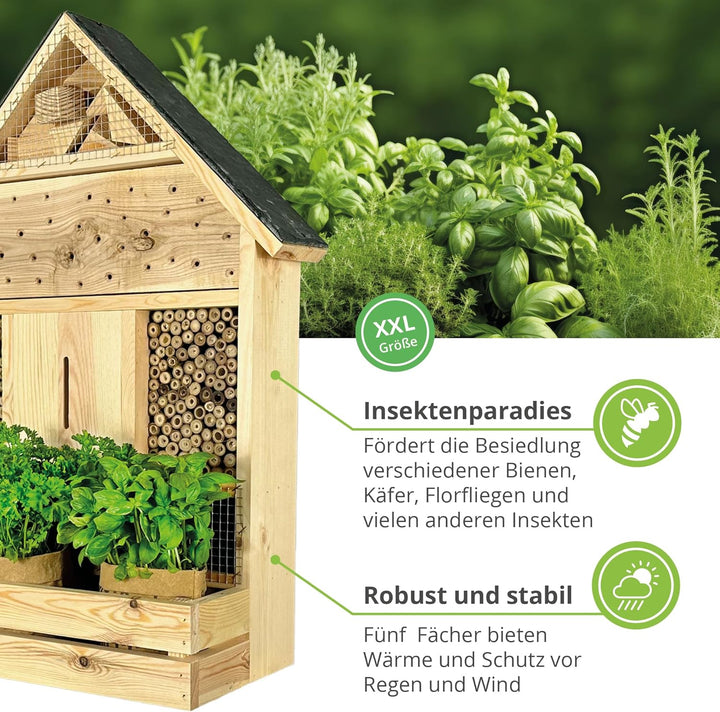 GARTENETAGE Insektenhotel zum Aufhängen mit Schieferdach und Pflanzenbalkon Kräuterparadies - inkl.