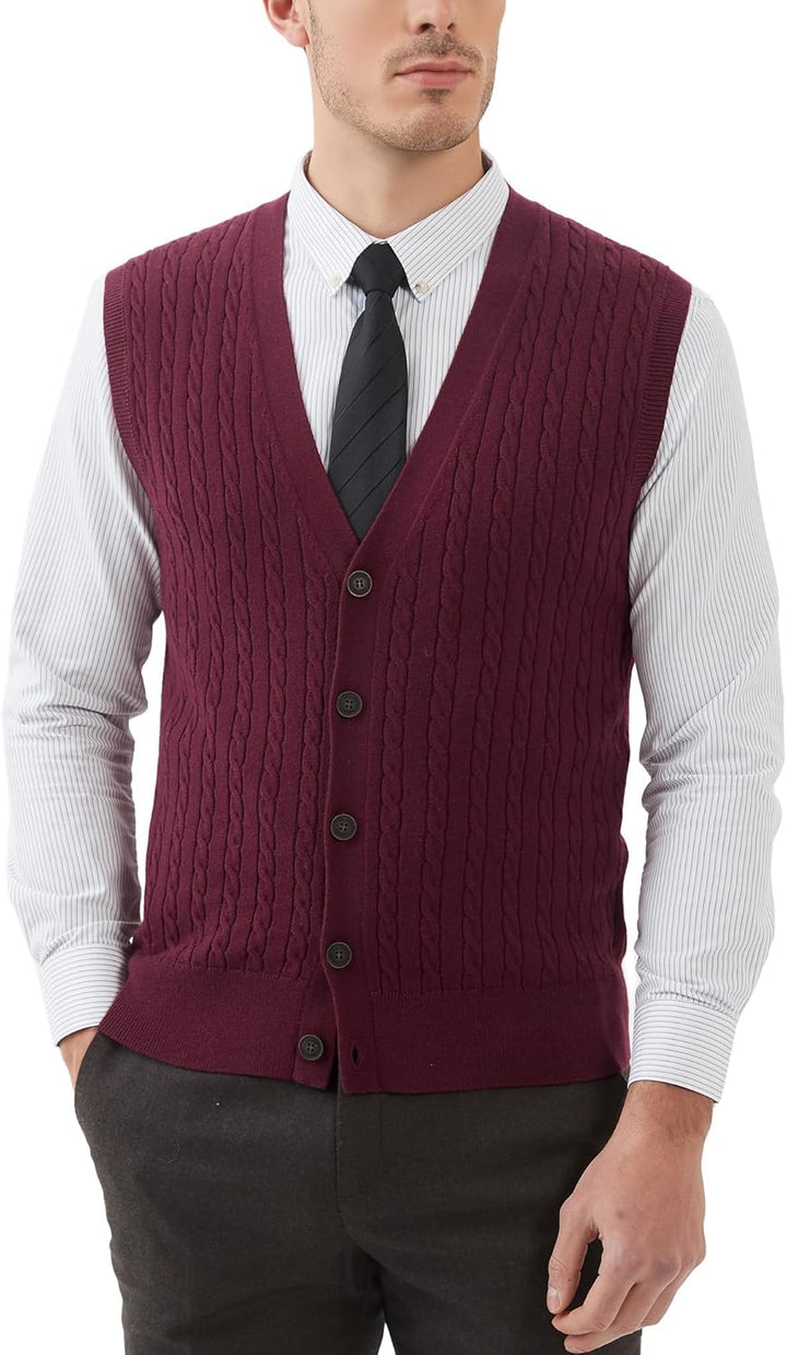 Kallspin Herren Strickweste Ärmellos Cardigan Wollmischung mit Zopfmuster und Knöpfen S Burgund, S B
