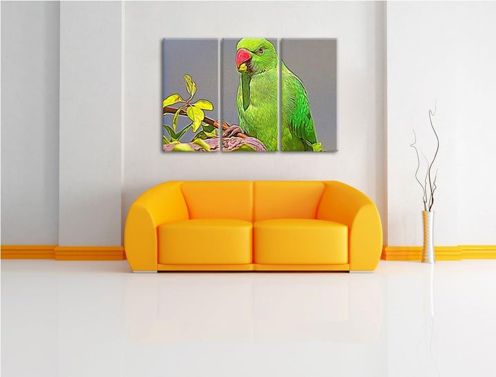 schöner Halsbandsittich beim Essen NewArt 3-Teiler Leinwandbild 120x80 Bild auf Leinwand, XXL riesig
